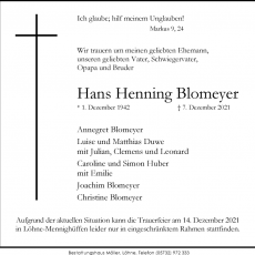 Trauer um Hans Henning Blomeyer